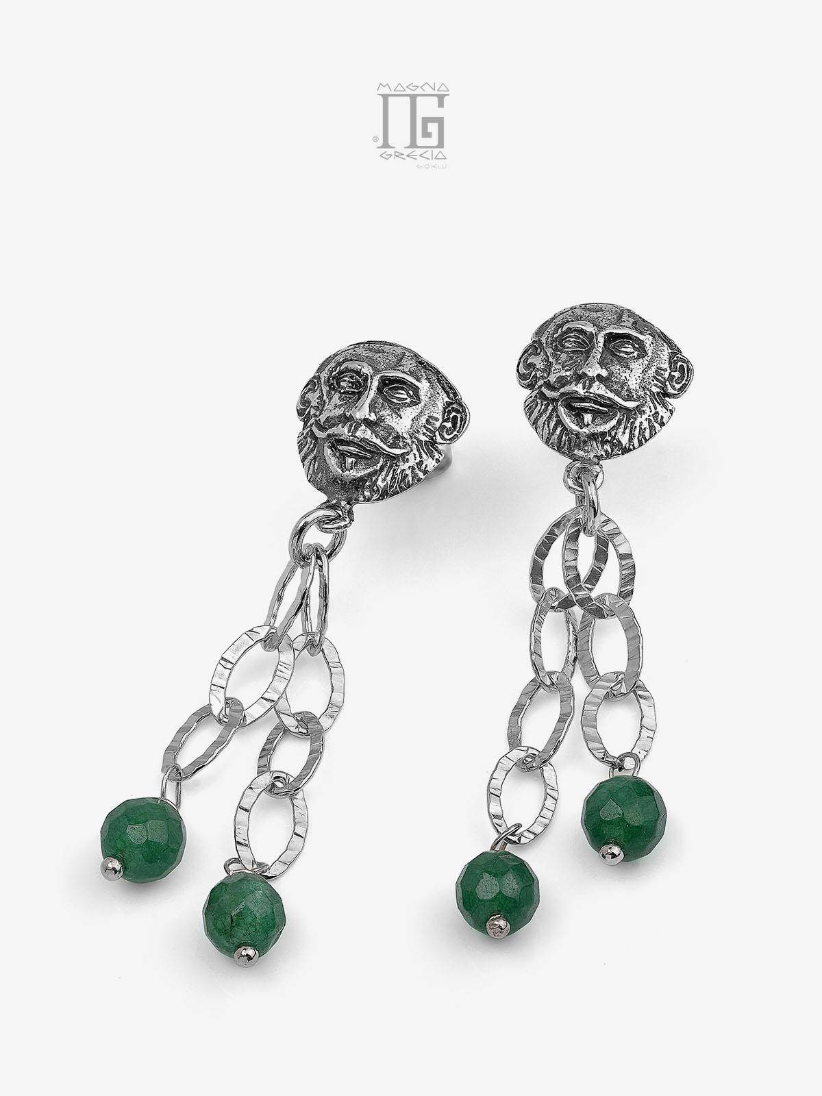 Silver earrings depicting the Face of Agamemnon and natural Green Agate stones Cod. MGK 3755 V