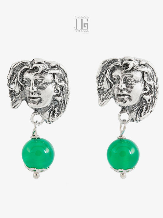 “Fortuna” earrings in silver with the face of the goddess Venus and green agate stone Cod. MGK 3852 V-2