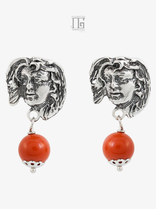 “Friendship” earrings in silver depicting the face of the goddess Venus and coral paste stone code MGK 3852 V-3