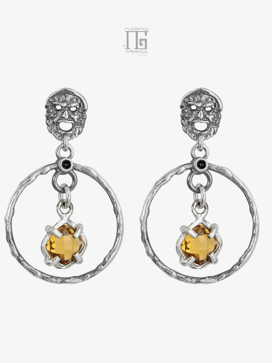 Silver earrings with apotropaic mask and hydrothermal stone in yellow topaz color code MGK 3882 V