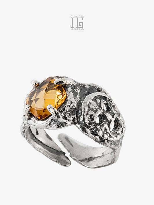 Silver ring with apotropaic mask and hydrothermal stone in yellow topaz color code MGK 3883 V