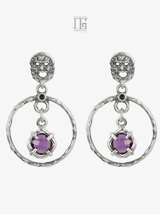 Silver earrings with apotropaic masks and purple amethyst hydrothermal stones Cod. MGK 3885 V