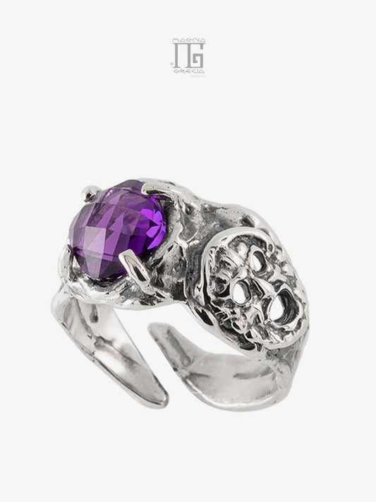Silver Ring with Apotropaic Mask and Hydrothermal Stone Purple Amethyst Color Code MGK 3887 V