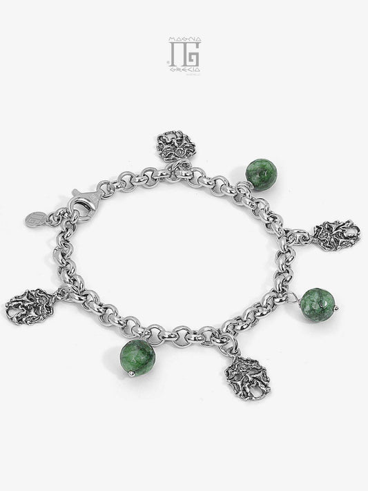 Silver Bracelet with Masks and Natural Green Agate Stones Cod. MGK 4036 V