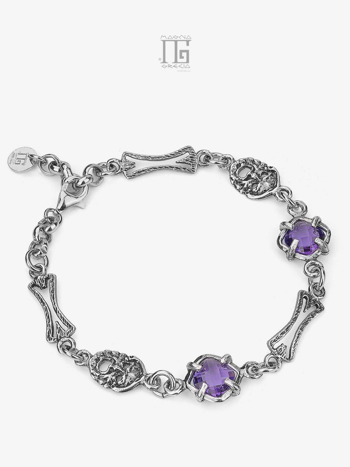 Silver Bracelet with Apotropaic Masks and Hydrothermal Stones Purple Amethyst Color Code MGK 4110 V