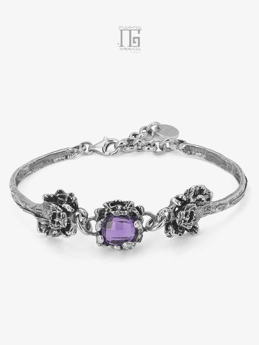 Silver Bracelet with Apotropaic Masks and Hydrothermal Stone Purple Amethyst Color Code MGK 4151 V