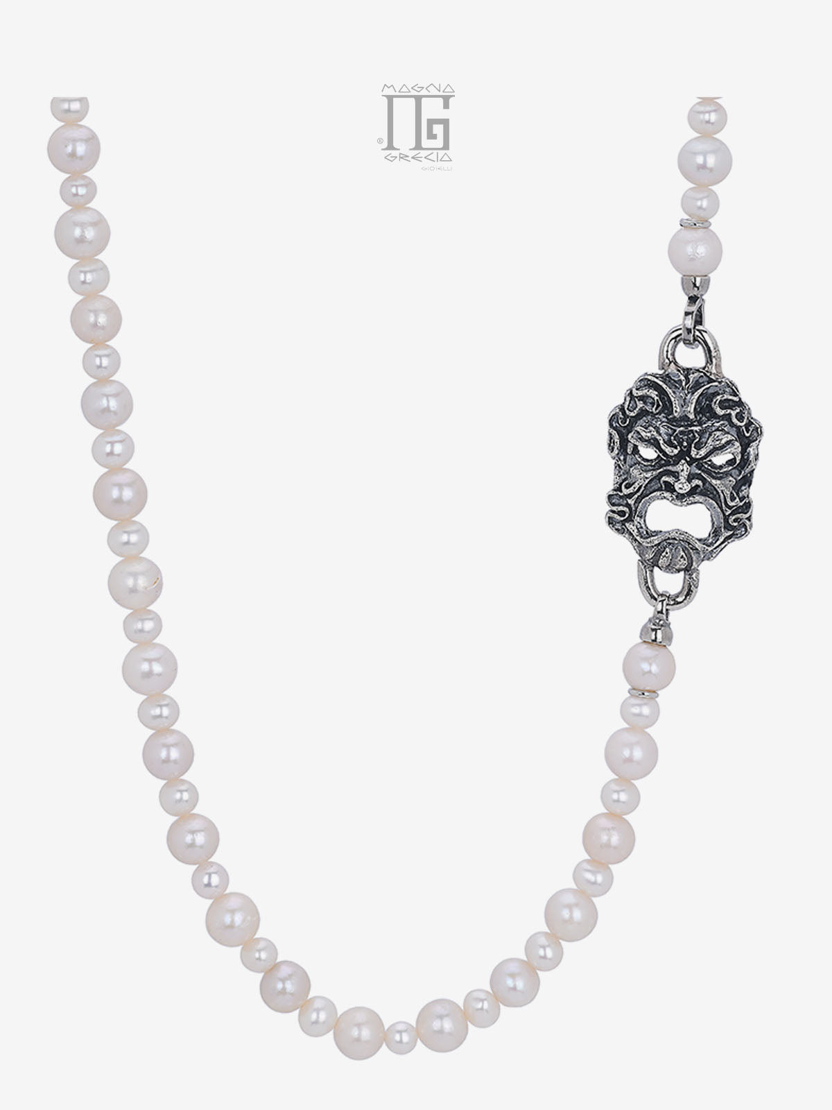 River Pearl Necklace with Apotropaic Mask in Silver Cod. MGK 4271 V